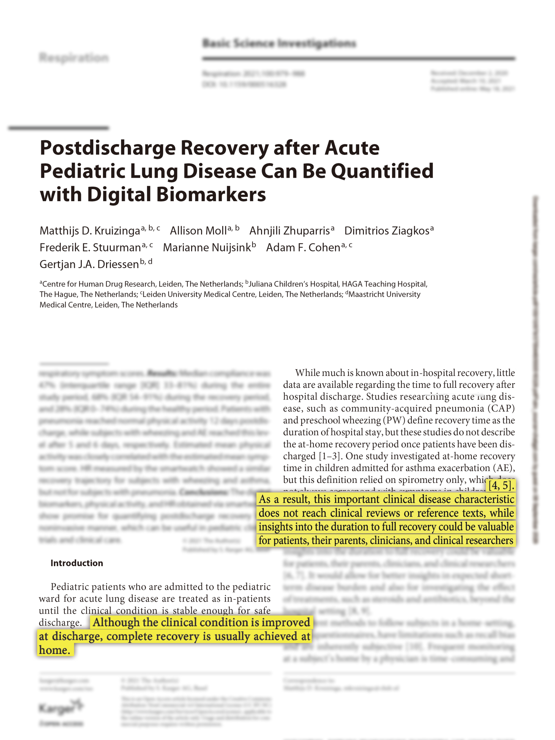 논문 Postdischarge Recovery after Acute Pediatric Lung Disease Can Be Quantified with Digital Biomarkers(2021). 퇴원 시점에 임상 상태는 좋아지지만 완전한 회복은 대개 집에서 이루어진다는 대목에 표시가 되어 있다.